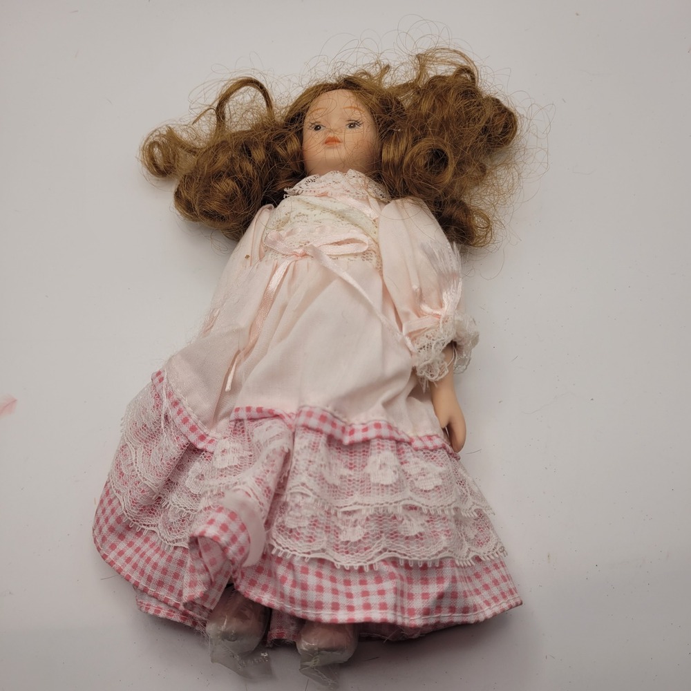 Vintage Porcelain Bisque Doll Pink Lace Gingham Dress Auburn Curls Victorian